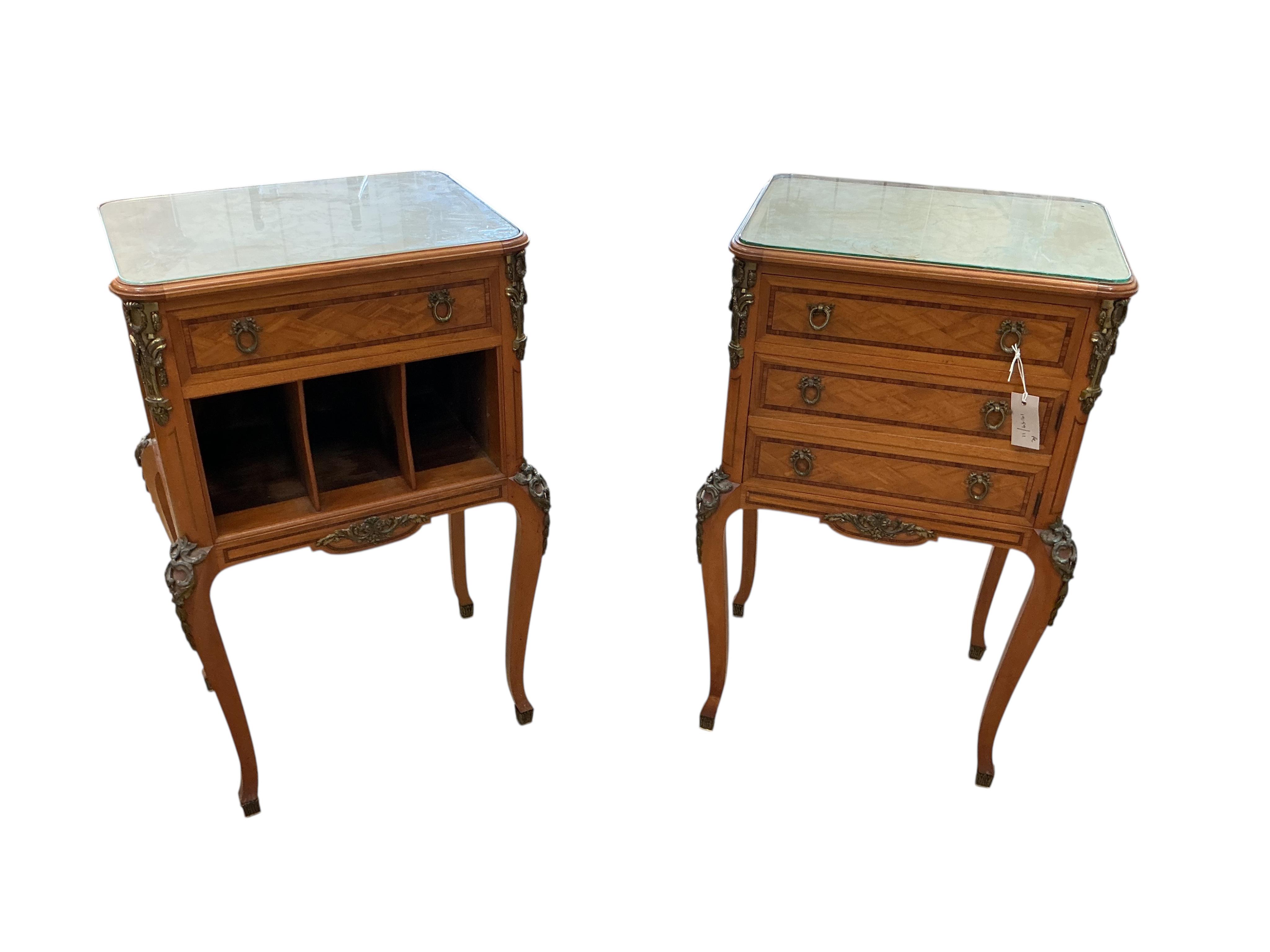 A pair of early 20th century French transitional style gilt metal mounted tulip banded and parquetry inlaid bedside cabinets, width 49cm, depth 38cm, height 75cm